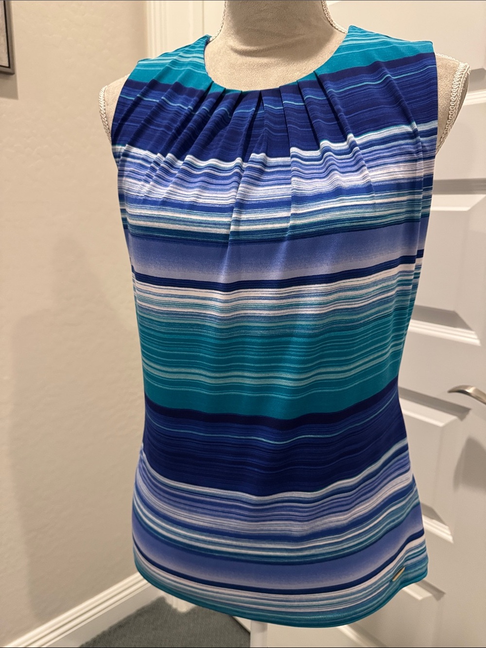 Calvin Klein Striped Sleeveless Top in Teal, Navy & White
